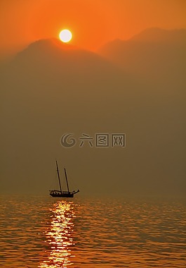 帆船,湖,日落