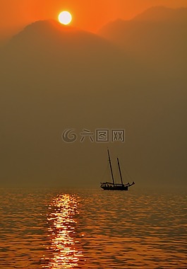 帆船,湖,日落