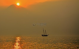帆船,湖,日落