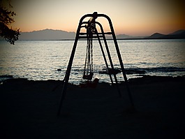 海,日落,秋千