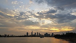 日出,河,城市
