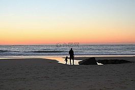 日落,父親,海灘