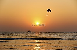 日落,飛行,海灘