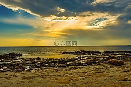 日落,海,海灘