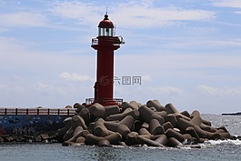 濟州島,紅色燈塔,藍藍的天空