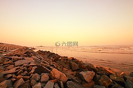 海岸,沙灘,防潮提