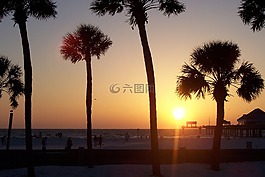 海滩,日落,克利尔沃特海滩
