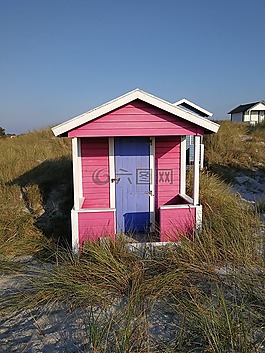 badehytter,粉红色,海滩