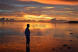 日落,日出,水