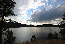 湖,日落,云