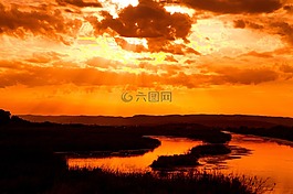 池塘,日落,夏季