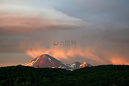 火山,日落,云