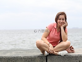 女子,坐,碼頭