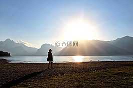 日落,山,女子