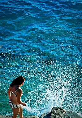 海,婦女,海灘