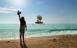 女孩,海灘,筏