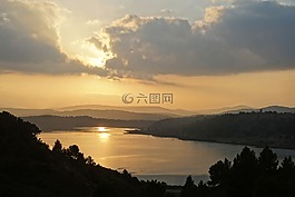 池塘,日落,光