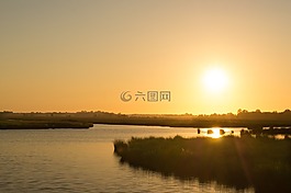日落,湖,太陽