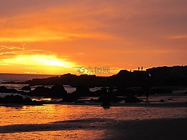日落,海灘,巖