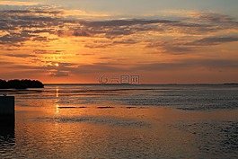日落,水,黃昏