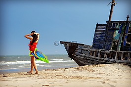 美女,天空,海滩