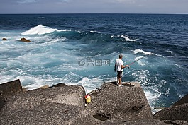海,沖浪,釣魚者