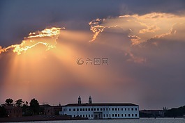 日落,天空,水域