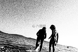 孩子,海,打