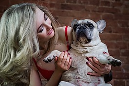 女孩,法國斗牛犬,狗