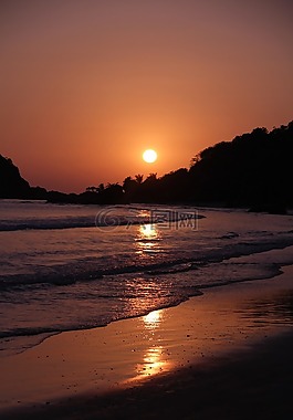 日落,海灘,岸