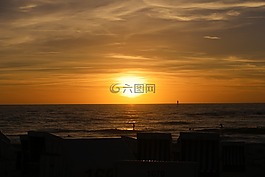 日落,北海,海