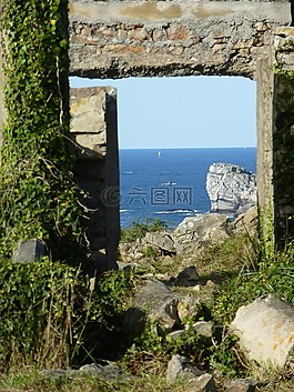 廢墟,窗口,海洋