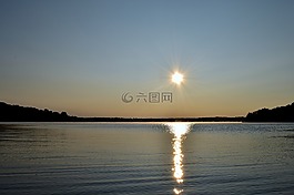 日出,湖,水