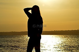 剪影,女子,海