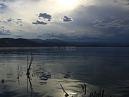 日落,湖,景觀