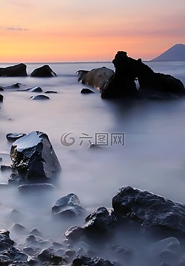 海灘,日落,景觀