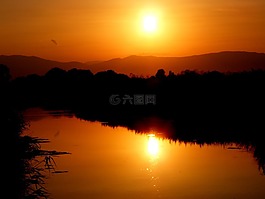 日落,太陽,水