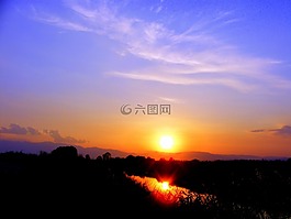 日落,太陽,水