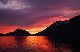 日落,峽灣,山