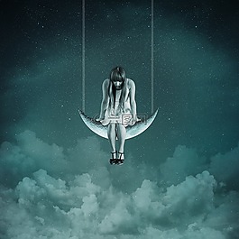 女子,月球,夜