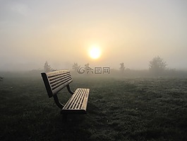 日出,霧,公園長(zhǎng)椅