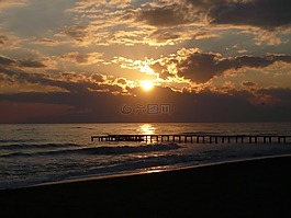 海,日落,海灘