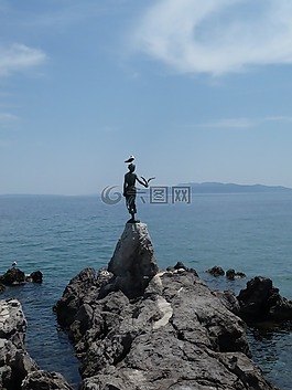 雕像,女孩,海鷗