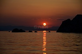 日落,海,島