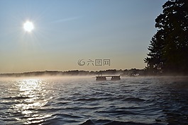 日出,湖,薄霧