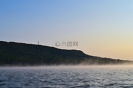 日出,湖,薄霧