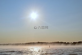 日出,湖,薄霧