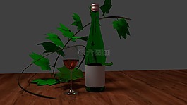 酒瓶,酒杯,藤叶