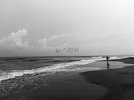 海洋,冲浪,黑色和白色