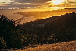 日落,山,海洋